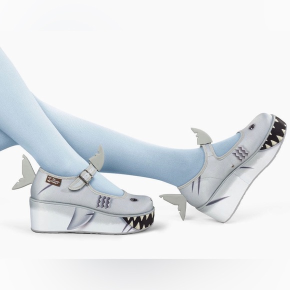 Unique Smiley Shark Fun Embellished Chunky Platform Closed Toe Mary Jane Wedges - Picture 2 of 9